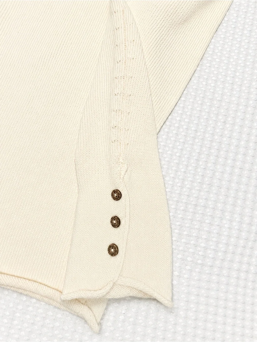 Free People Cream Cotton Cardigan | Floral Buttons • Rolled Trim • Textured Knit